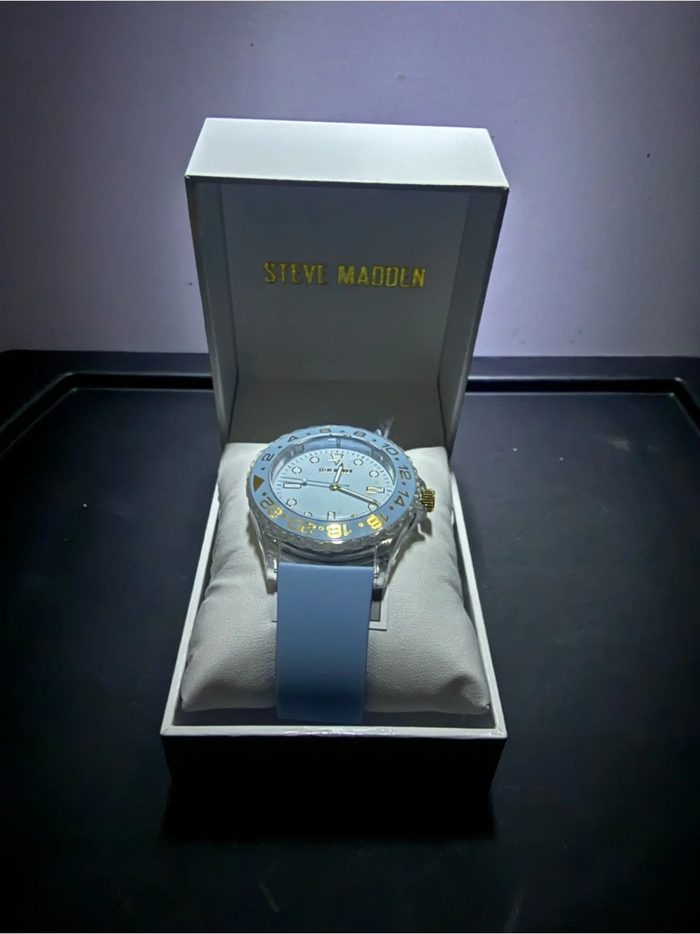 Steve Madden Light Blue Silicone Strap Watch with Gold Accents